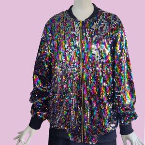 Cresay Rainbow Sequin Disco Glam Rock Zip Front Trophy Bomber Jacket Sz 2XL